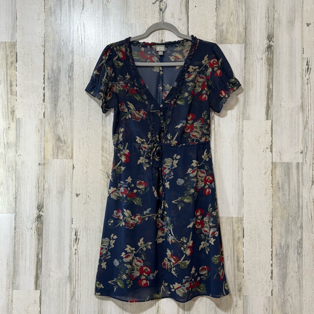 Sheer Mini Dress Cinched Waist Small Ruffle Details Neckline in Floral Navy - Picture 7 of 7